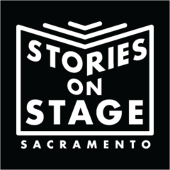 Black and White Stories on Stage Sacramento Logo (an open book as if viewed from the cover with the words Stories on Stage on the cover and the word Sacramento below the cover) 