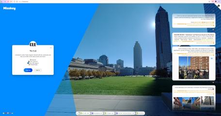 The welcome page for TheCLE.Land with a scrolling feed of news on the right, a picture of the Mall in the background, and an welcome box on the left with: The CLE Cleveland's online Public Square! Interact with the community and stay up to date on the latest events and news!  
