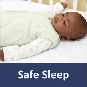 photo of a sleeping infant with the words "safe sleep" below