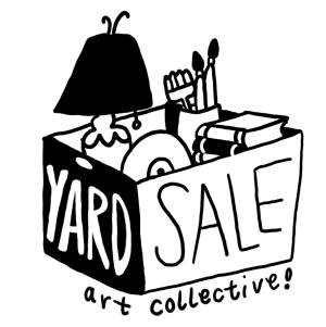 Yard Sale Art Collective logo, a box full of books, paint brushes, records etc. 