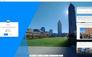 The welcome page for TheCLE.Land with a scrolling feed of news on the right, a picture of the Mall in the background, and an welcome box on the left with: The CLE Cleveland's online Public Square! Interact with the community and stay up to date on the latest events and news!  
